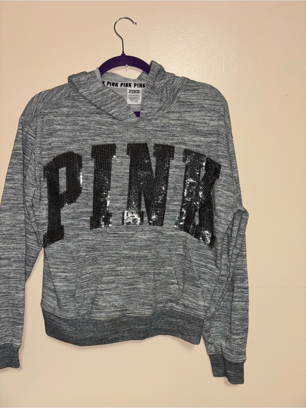 PINK Victoria's Secret Gray Sequin Logo Pullover Hoodie